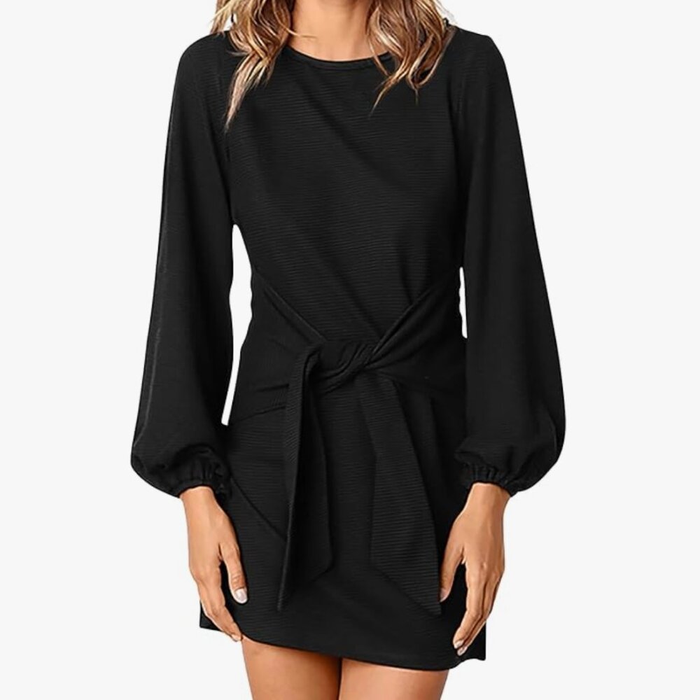 Long Lantern Sleeve Short Dress Crewneck Tie Waist Knit Cocktail Dress